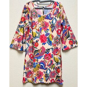 White Mark Floral Paisley Bell Sleeve Shift Dress Tan Multicolor Large